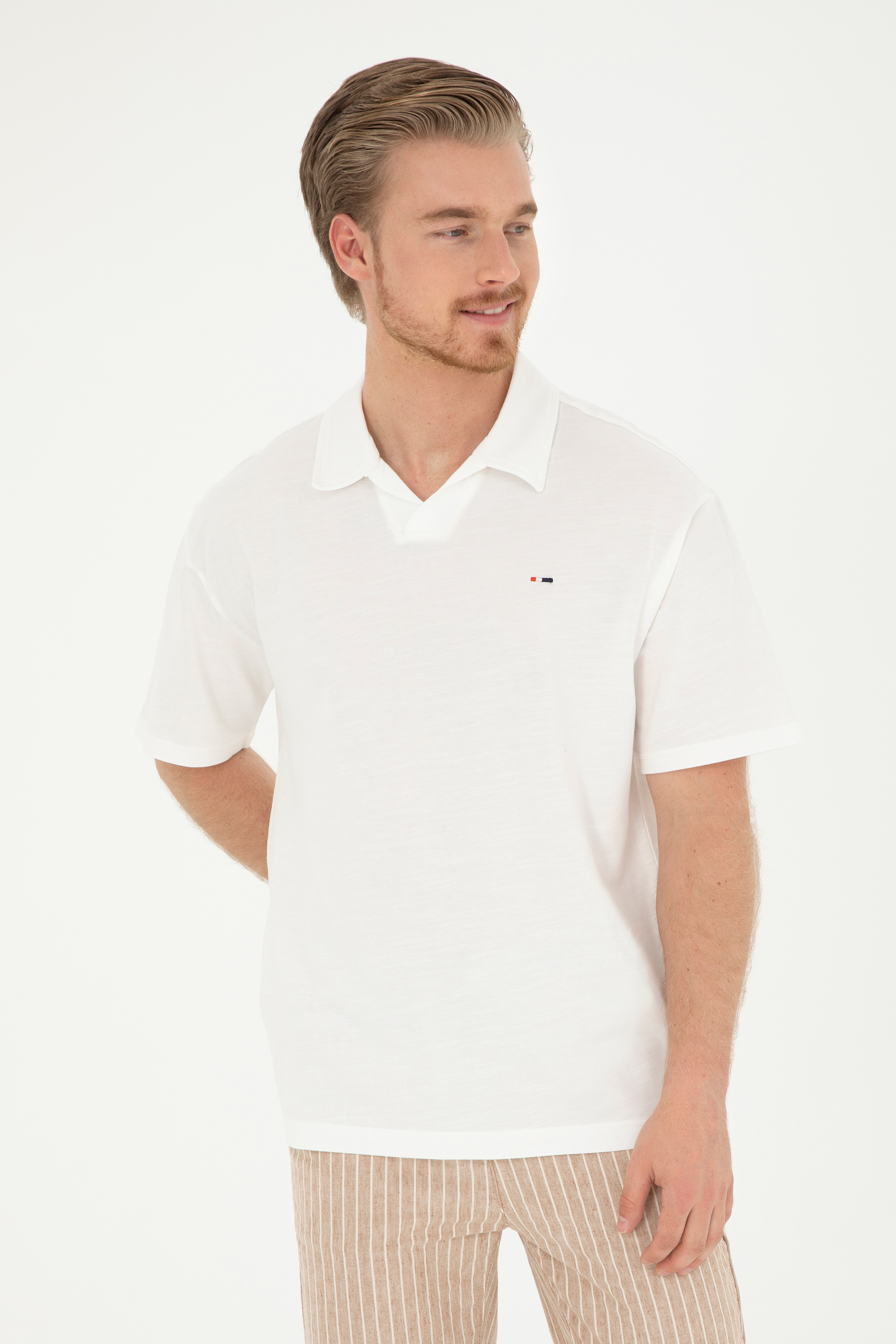 Erkek Comfort Fit Polo Yaka Ekru Tişört