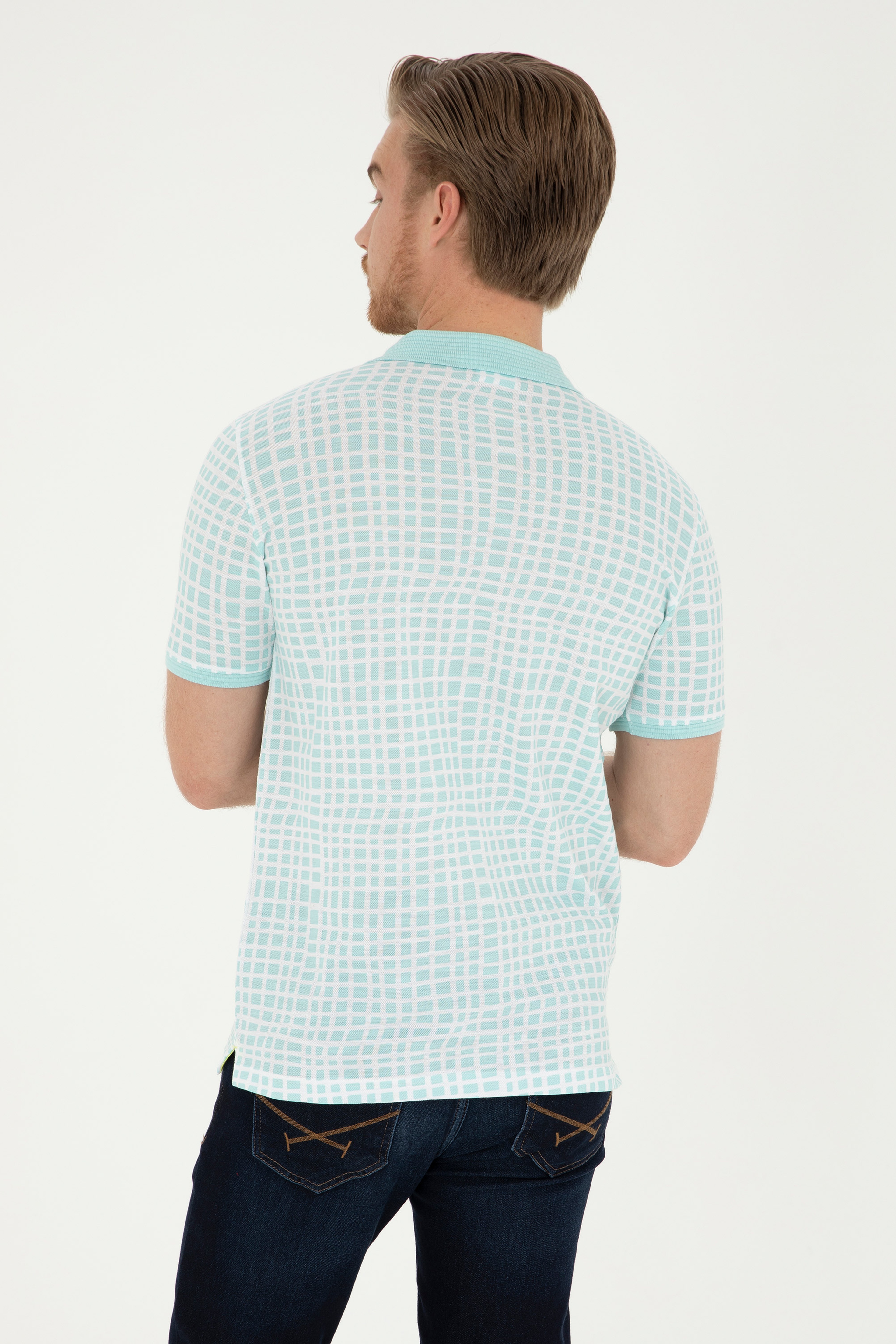 Erkek Regular Fit Polo Yaka Su Yeşili Tişört - Image 5