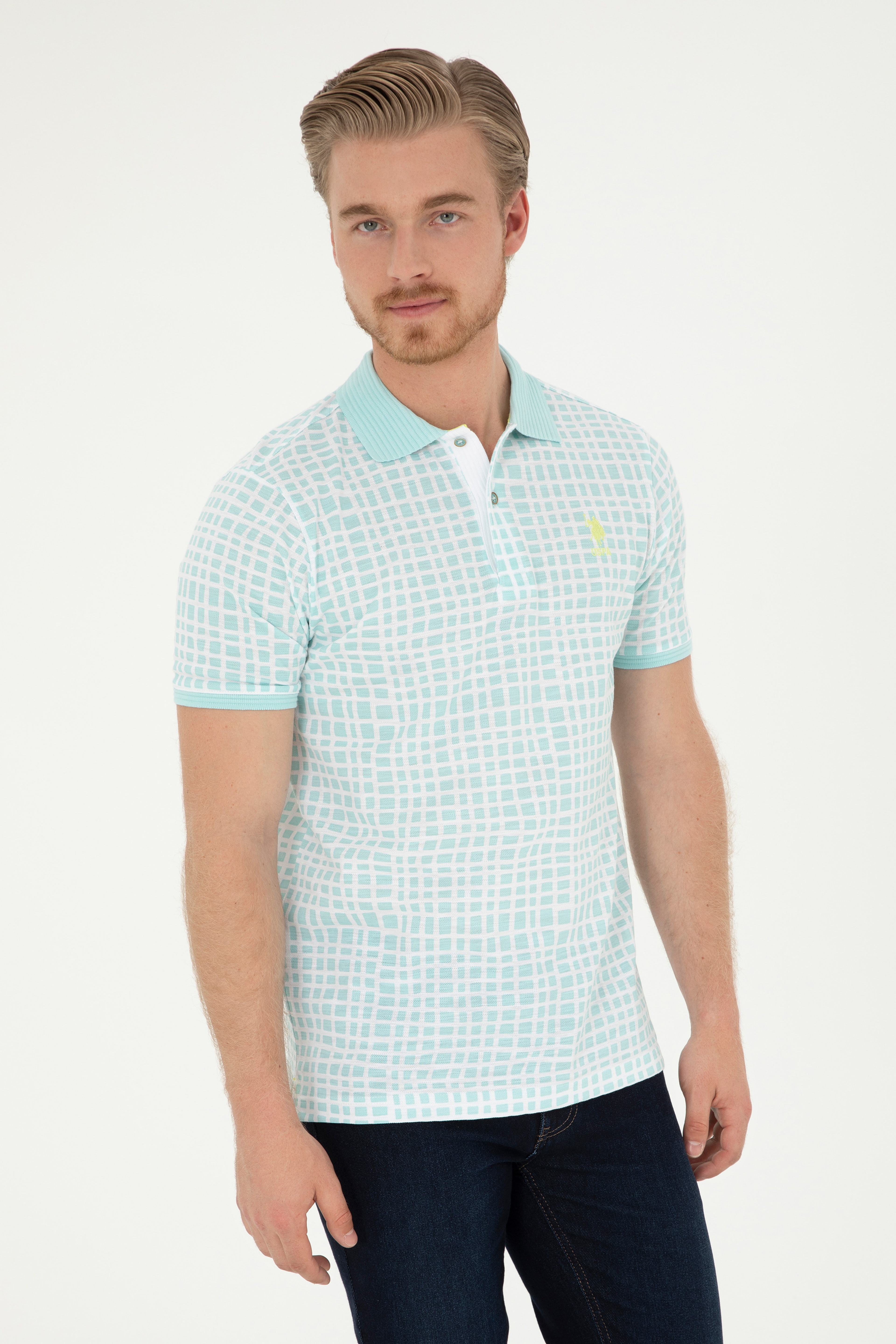 Erkek Regular Fit Polo Yaka Su Yeşili Tişört - Image 3
