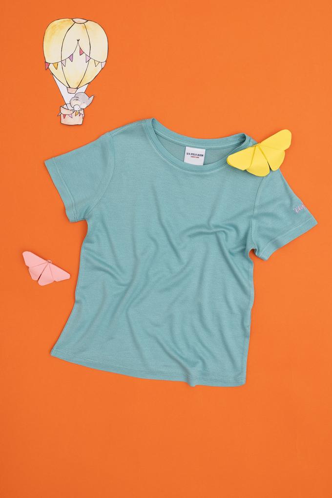 Kız Çocuk Mint Bisiklet Yaka Örme Tişört