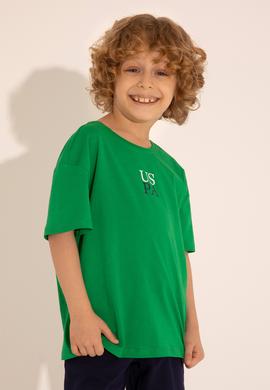 Erkek Çocuk Yeşil Oversize Bisiklet Yaka Tişört - 50289202137