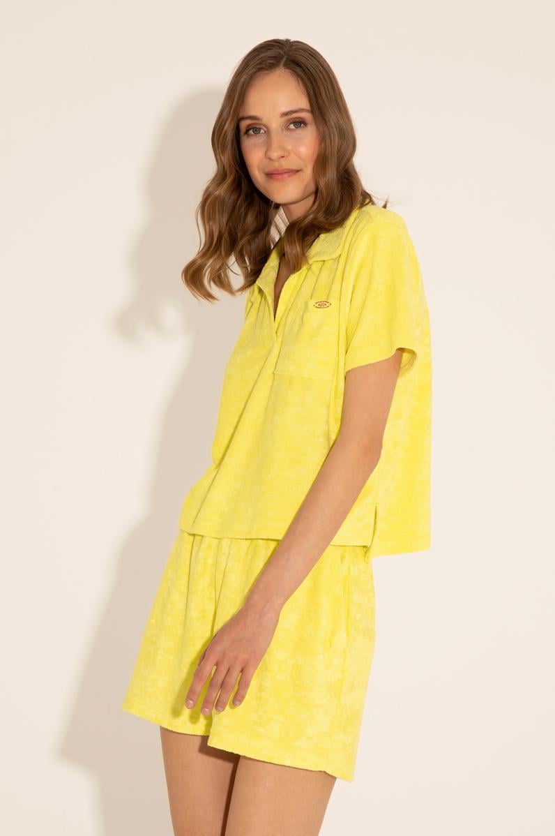 Kadın Neon Sarı Crop Polo Yaka Tişört