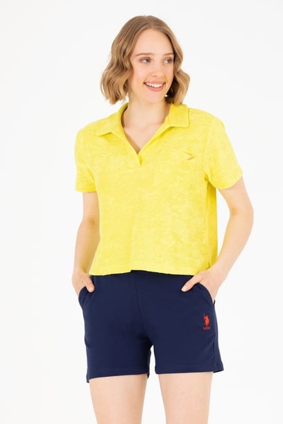 Kadın Neon Sarı Crop Polo Yaka Tişört
