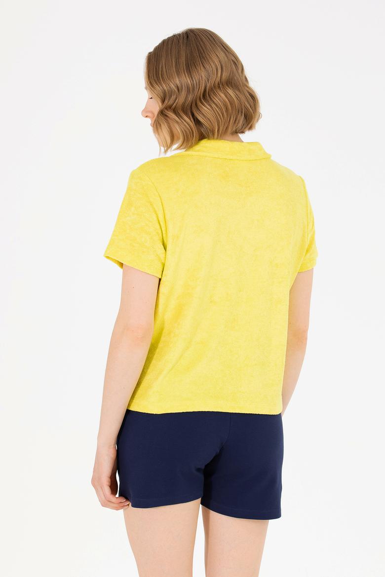 Kadın Neon Sarı Crop Polo Yaka Tişört - 50263960019