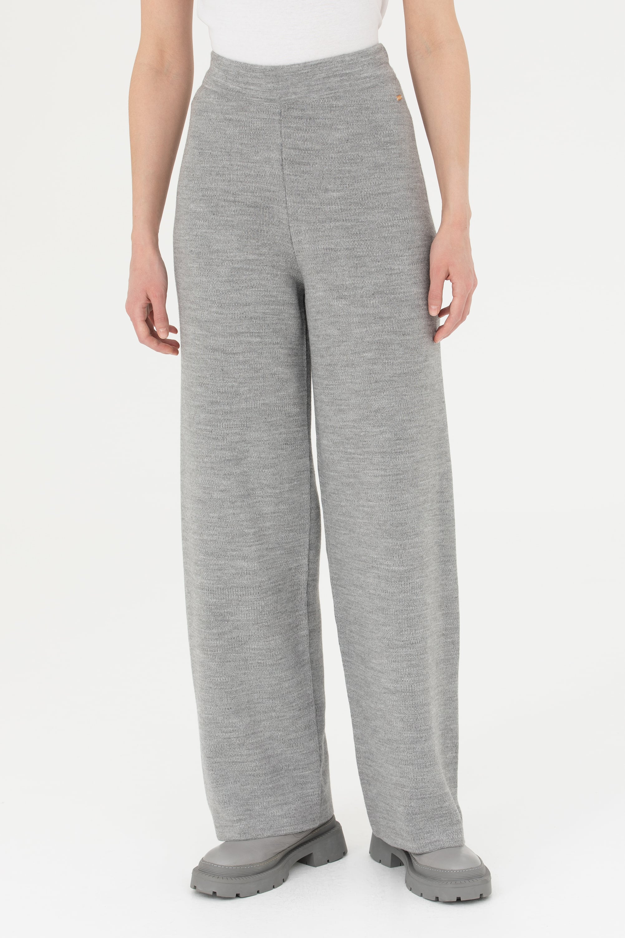 Kadın Gri Melanj Loose Fit Triko Pantolon