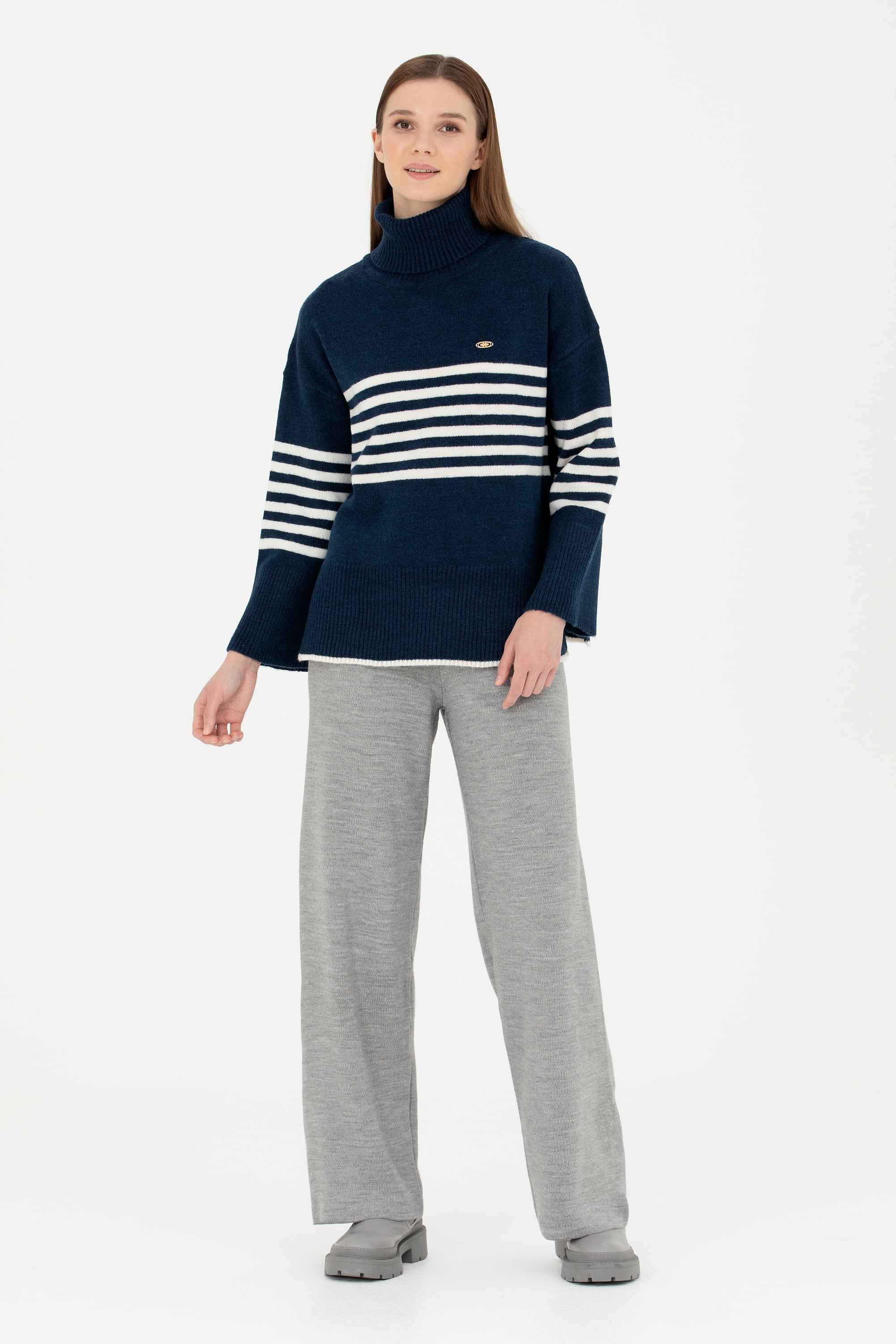 Kadın Gri Melanj Loose Fit Triko Pantolon - Image 4