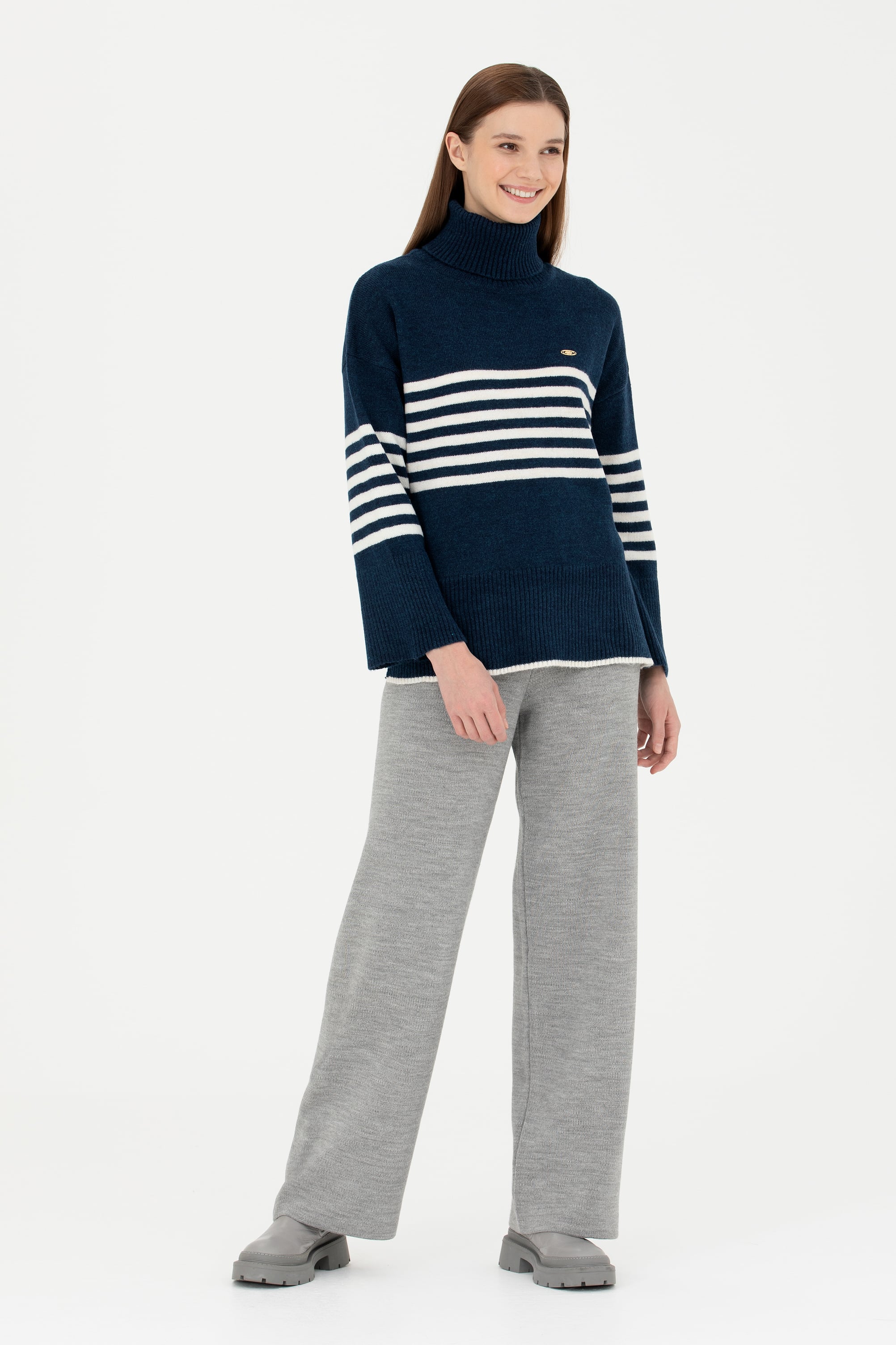 Kadın Gri Melanj Loose Fit Triko Pantolon