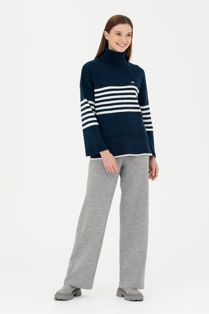 Kadın Gri Melanj Loose Fit Triko Pantolon
