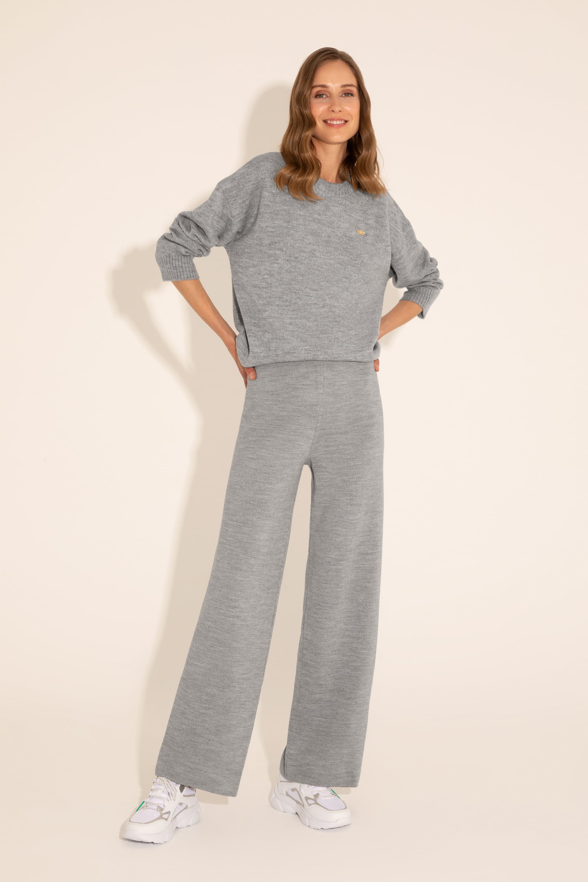 Kadın Gri Melanj Loose Fit Triko Pantolon - Image 2