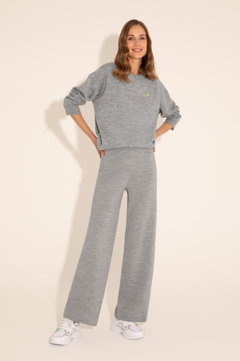 Kadın Gri Melanj Loose Fit Triko Pantolon