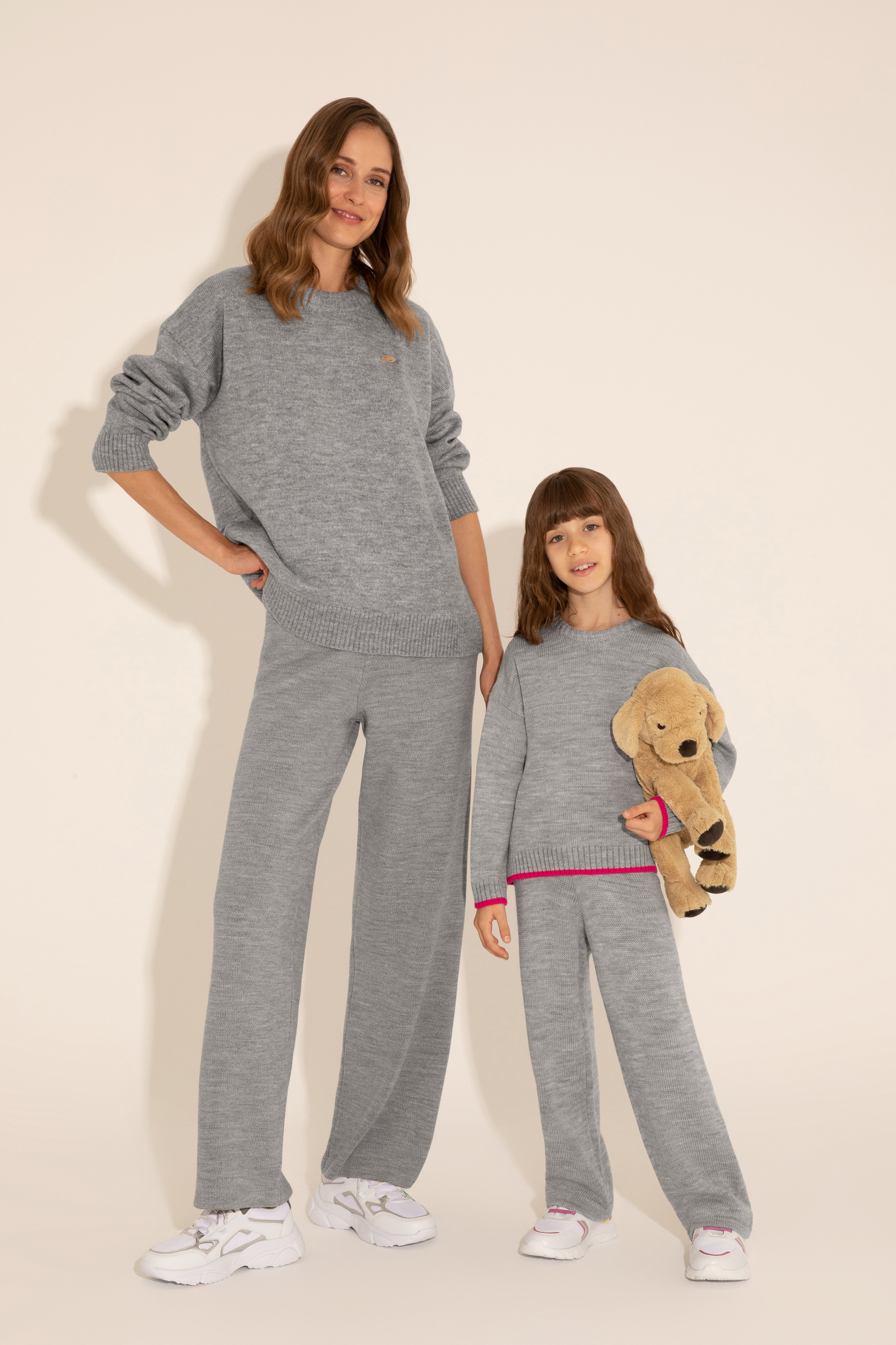 Kadın Gri Melanj Loose Fit Triko Pantolon - Image 1