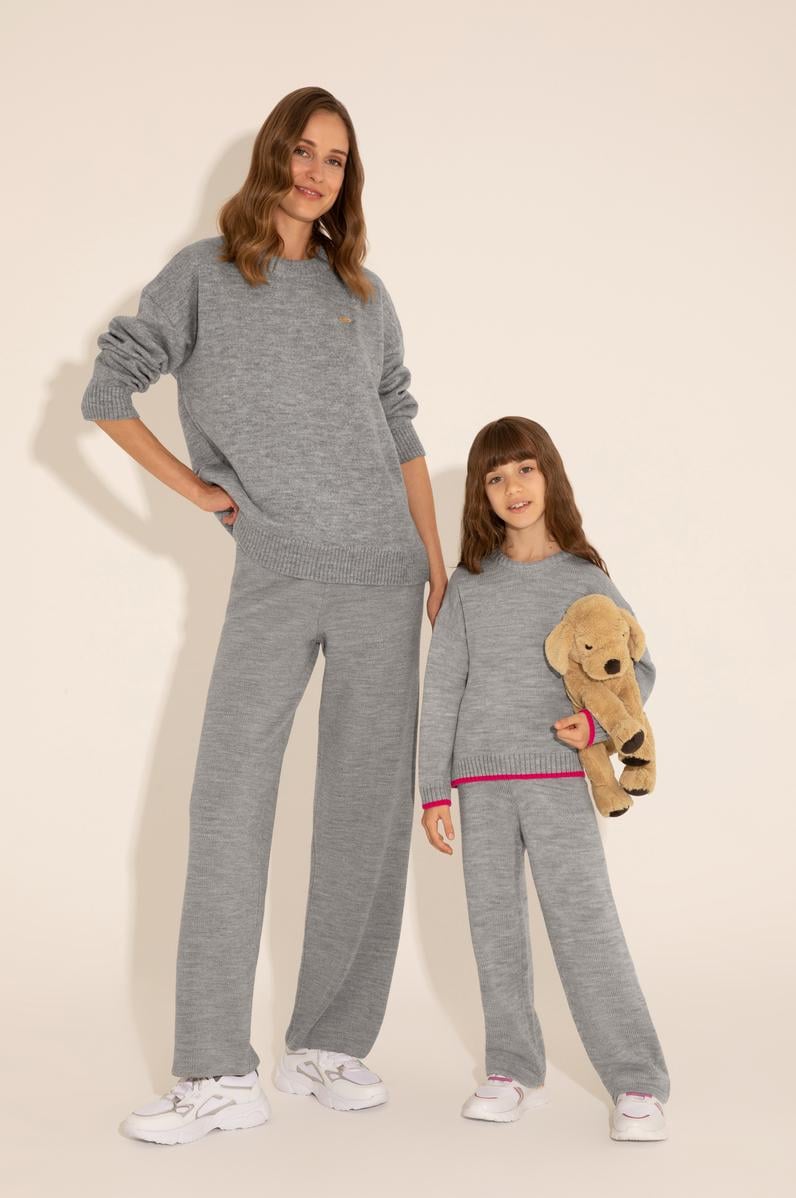 Kadın Gri Melanj Loose Fit Triko Pantolon