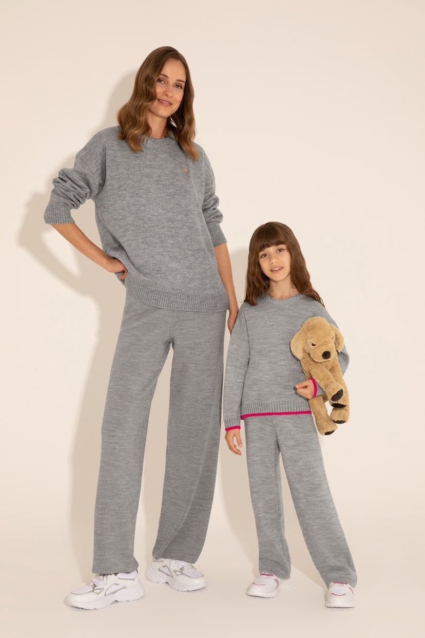 Kadın Gri Melanj Loose Fit Triko Pantolon