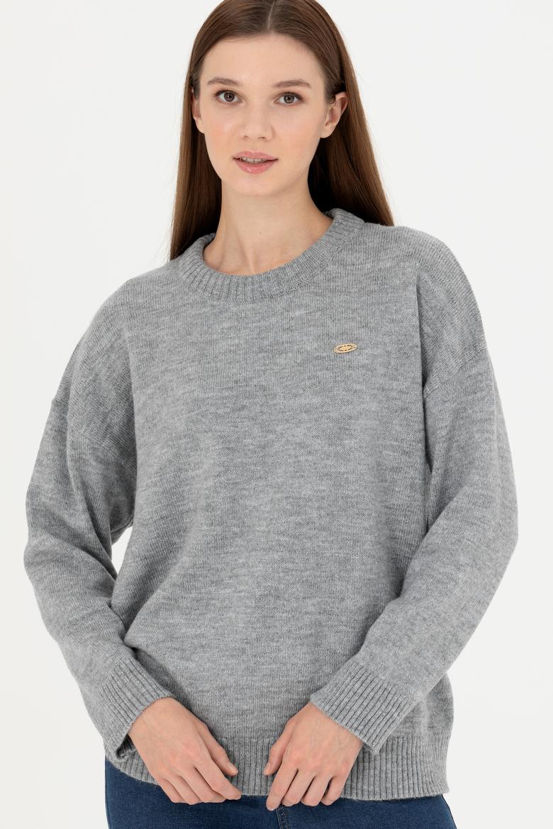 Kadın Gri Melanj Bisiklet Yaka Kazak - 50277265006