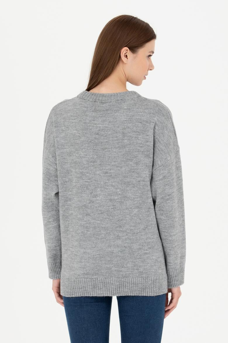 Kadın Gri Melanj Bisiklet Yaka Kazak - 50277265006