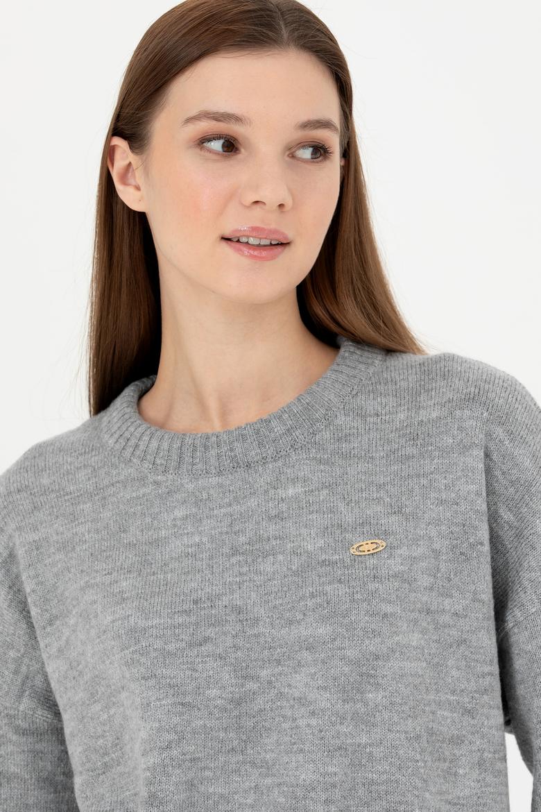 Kadın Gri Melanj Bisiklet Yaka Kazak - 50277265006