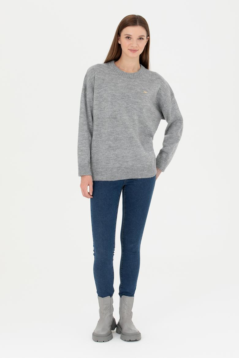 Kadın Gri Melanj Bisiklet Yaka Kazak - 50277265006