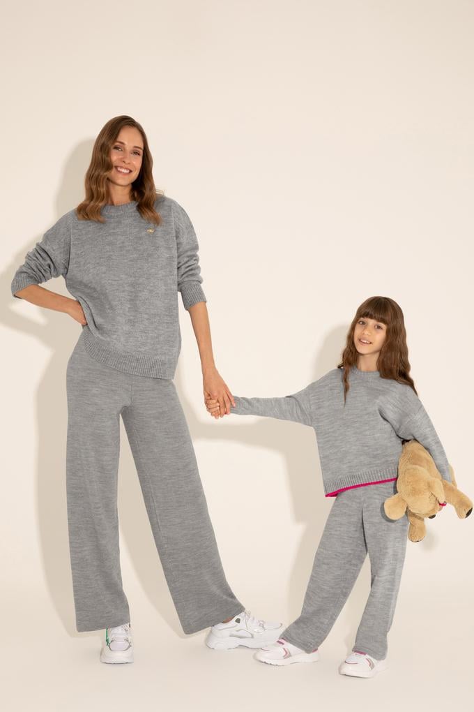 Kadın Gri Melanj Bisiklet Yaka Kazak