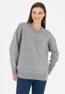 Kadın Gri Melanj Bisiklet Yaka Kazak - 50277265006