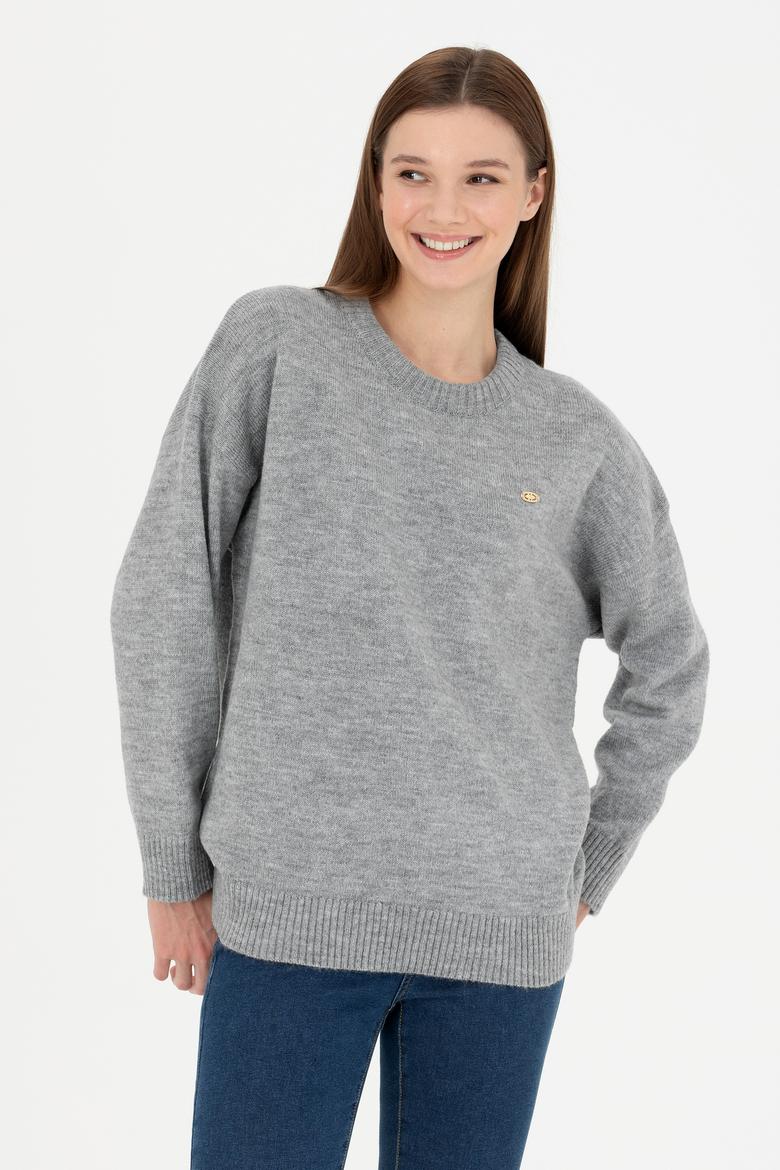 Kadın Gri Melanj Bisiklet Yaka Kazak - 50277265006