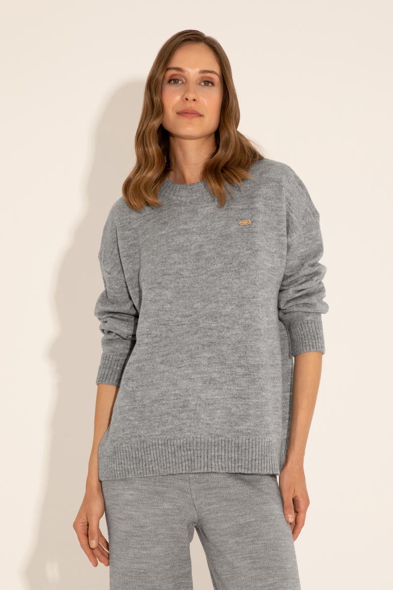 Kadın Gri Melanj Bisiklet Yaka Kazak - 50277265006