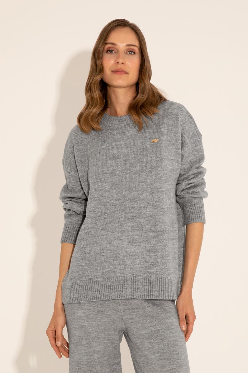 Kadın Gri Melanj Bisiklet Yaka Kazak