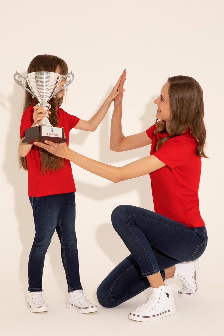 Kız Çocuk Kırmızı Melanj Polo Yaka Basic Tişört