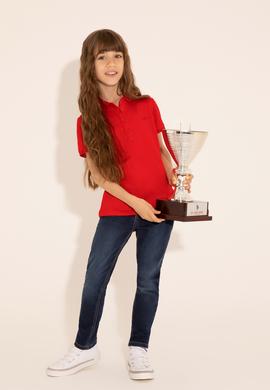 Kız Çocuk Kırmızı Melanj Polo Yaka Basic Tişört - 50288501093