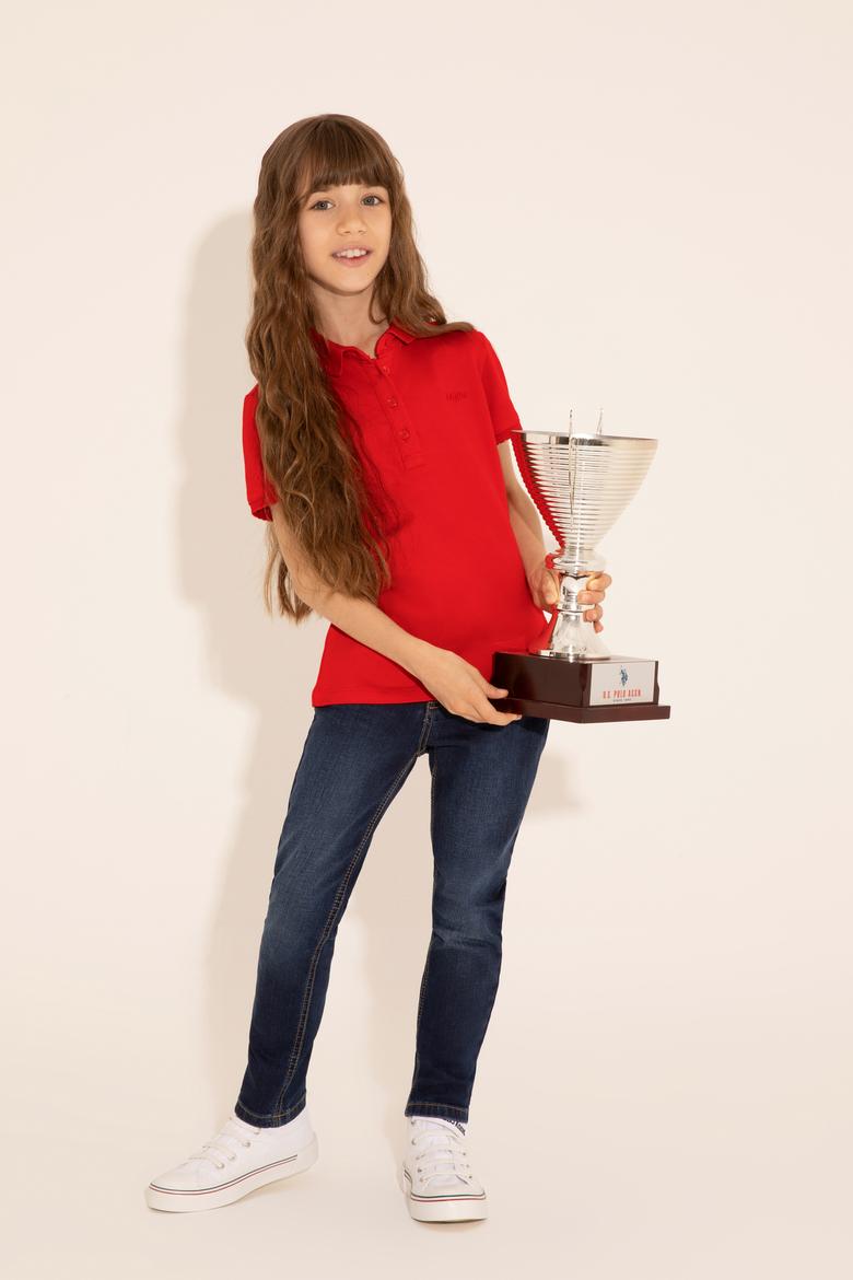 Kız Çocuk Kırmızı Melanj Polo Yaka Basic Tişört - 50288501093