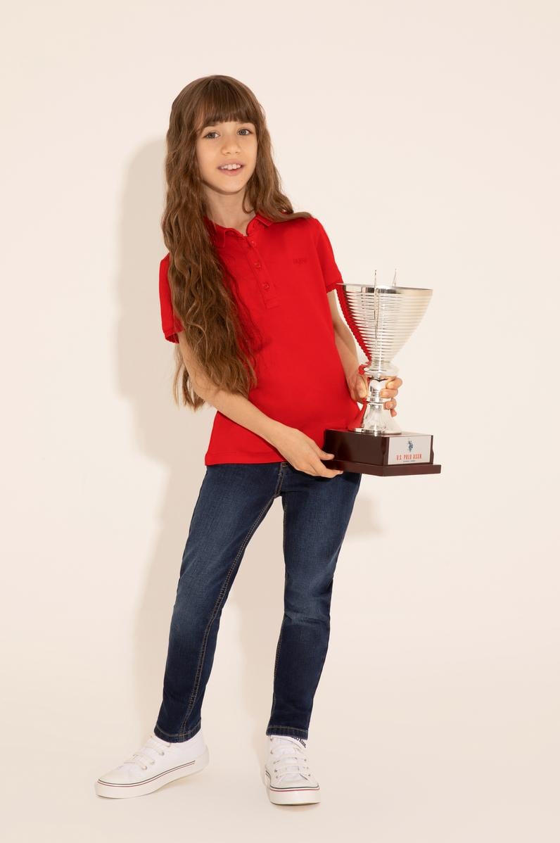 Kız Çocuk Kırmızı Melanj Polo Yaka Basic Tişört