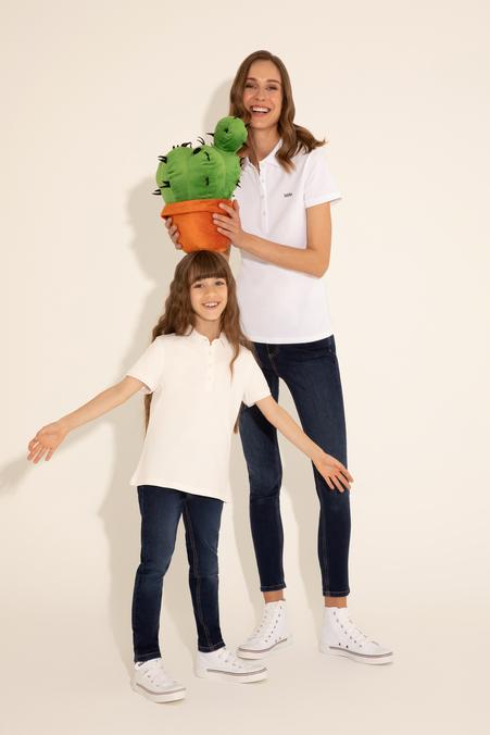 Kız Çocuk Ekru Polo Yaka Basic Tişört