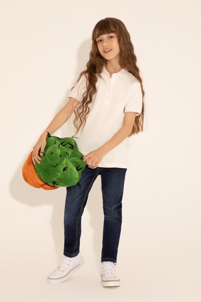 Kız Çocuk Ekru Polo Yaka Basic Tişört - 50288501016