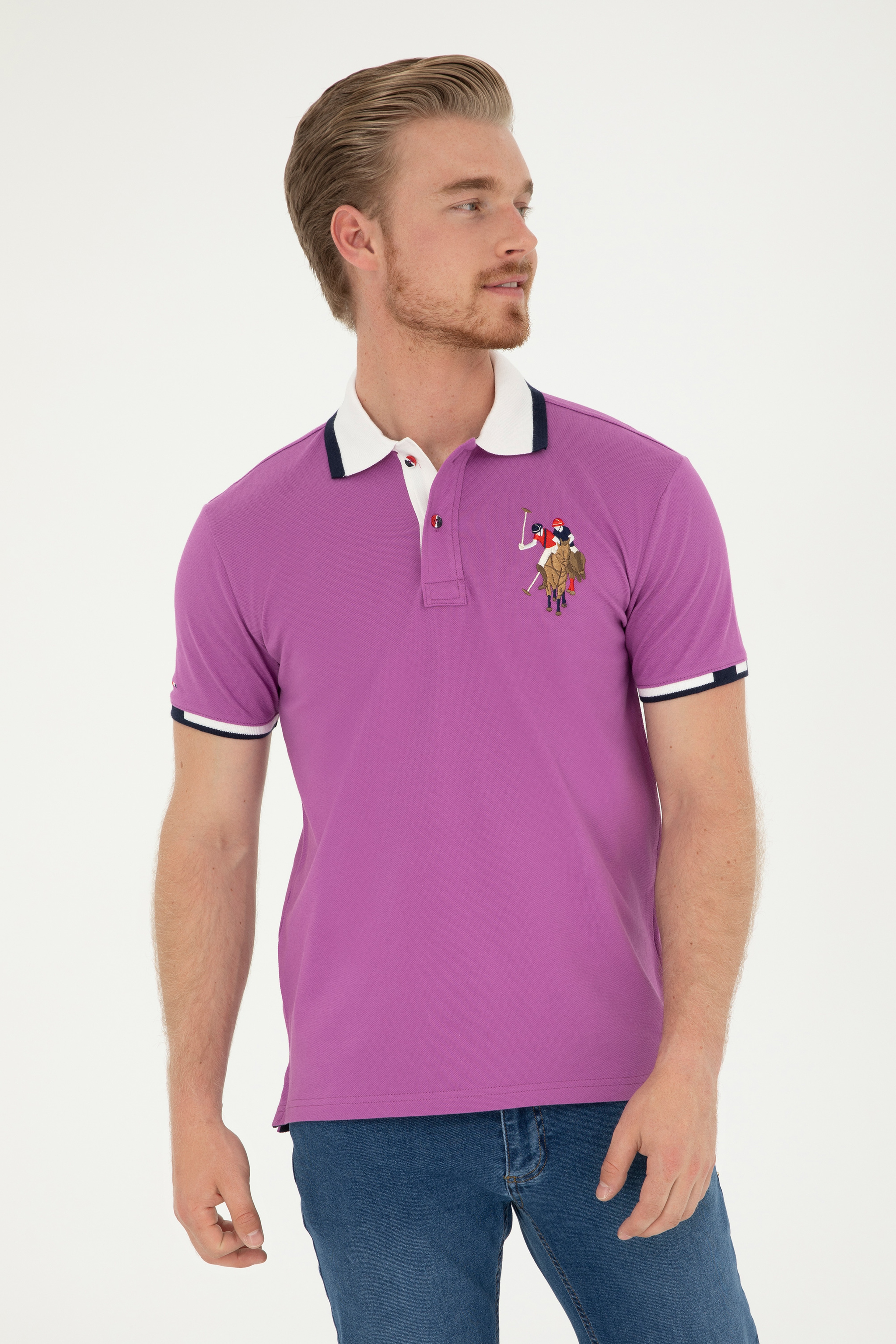 Erkek Slim Fit Polo Yaka Mor Basic Tişört - Image 1