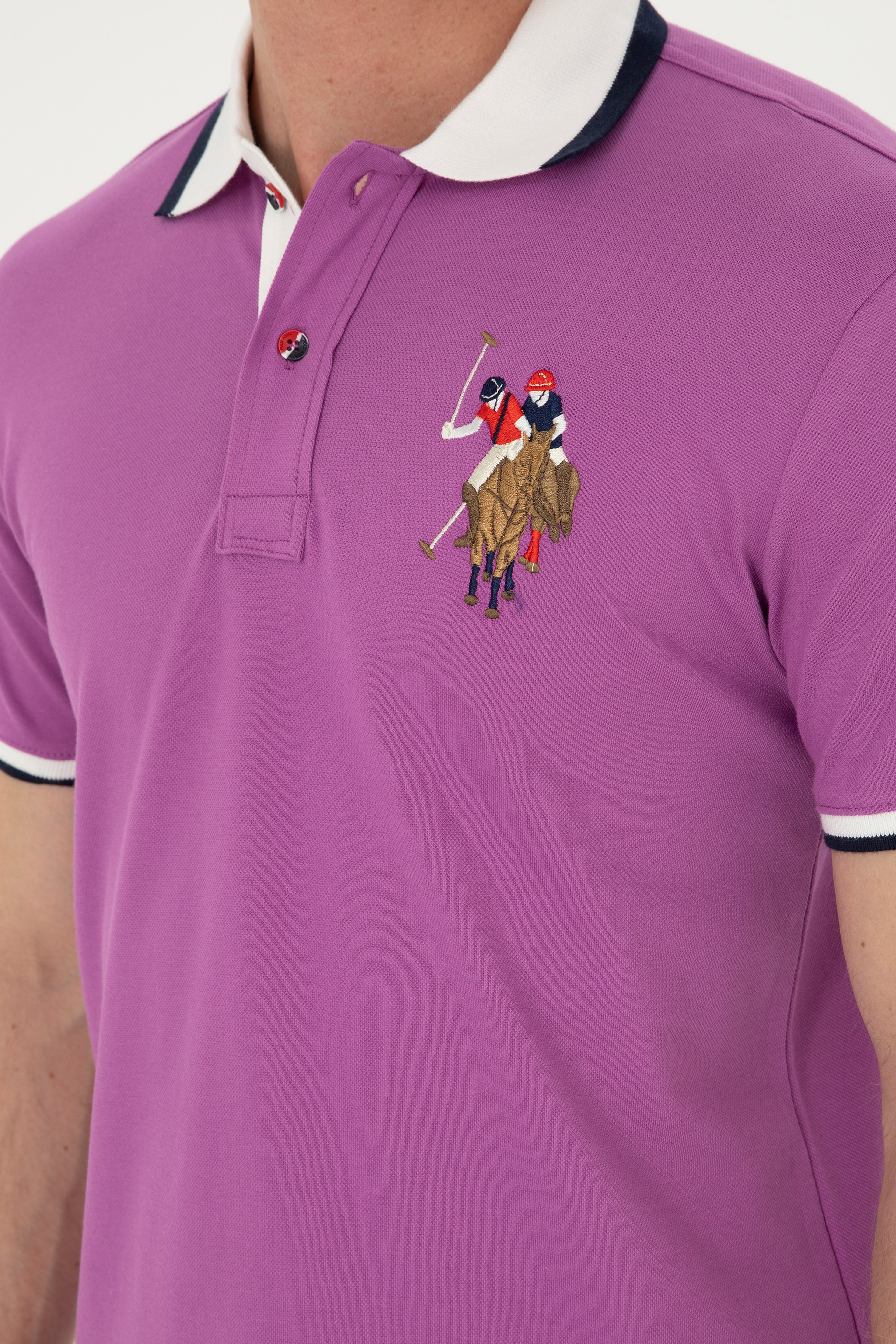Erkek Slim Fit Polo Yaka Mor Basic Tişört - Image 7