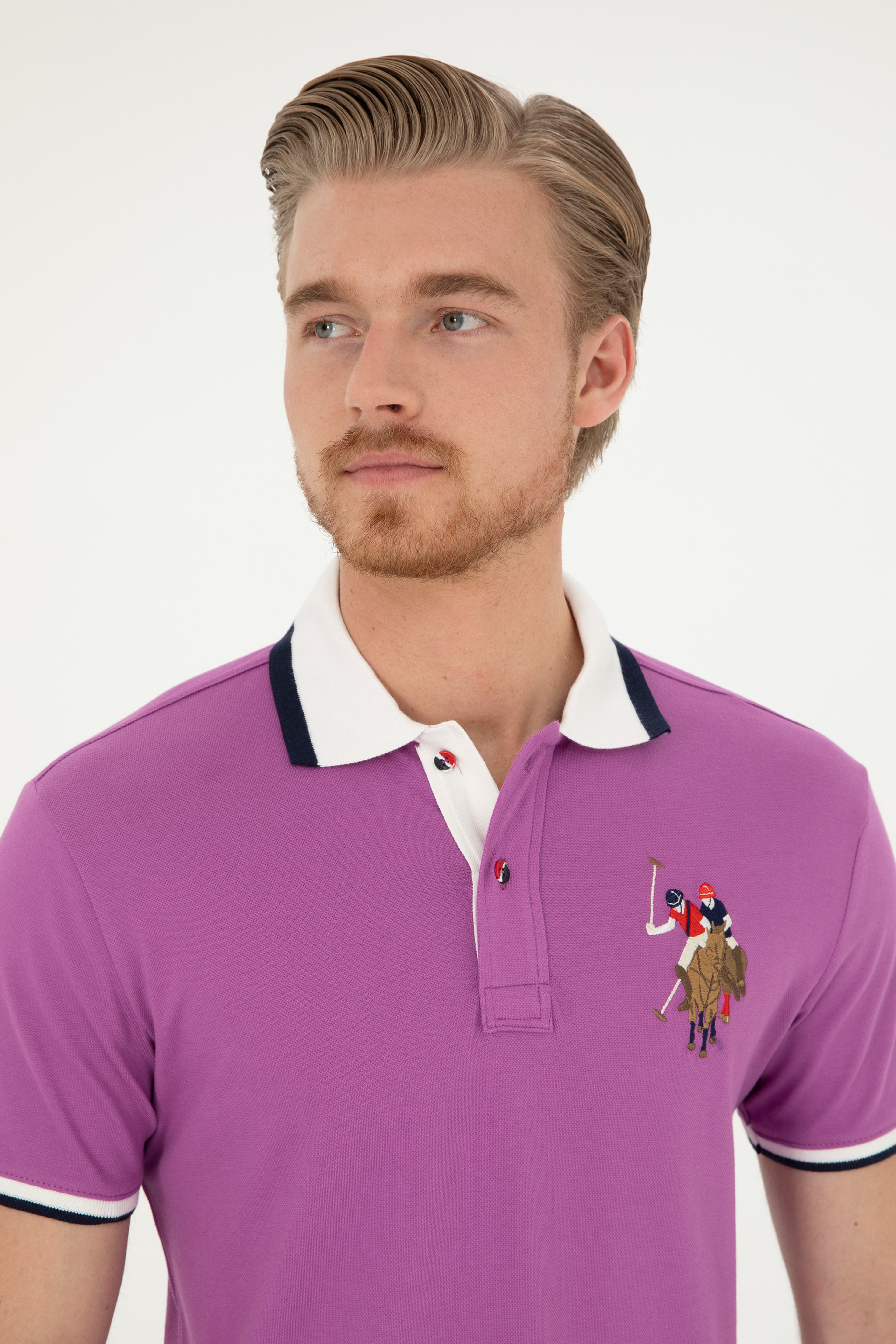 Erkek Slim Fit Polo Yaka Mor Basic Tişört - Image 2