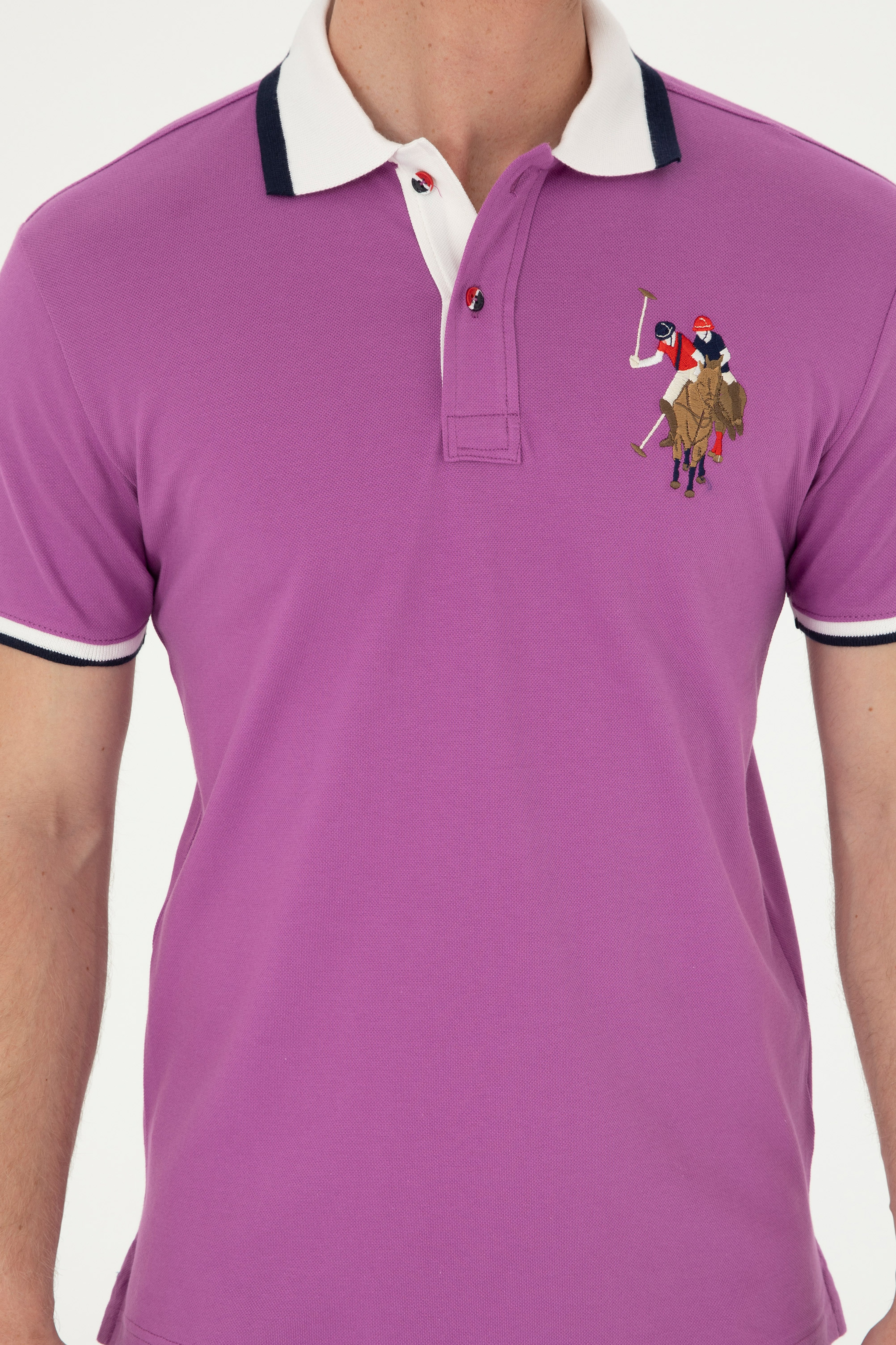 Erkek Slim Fit Polo Yaka Mor Basic Tişört - Image 6