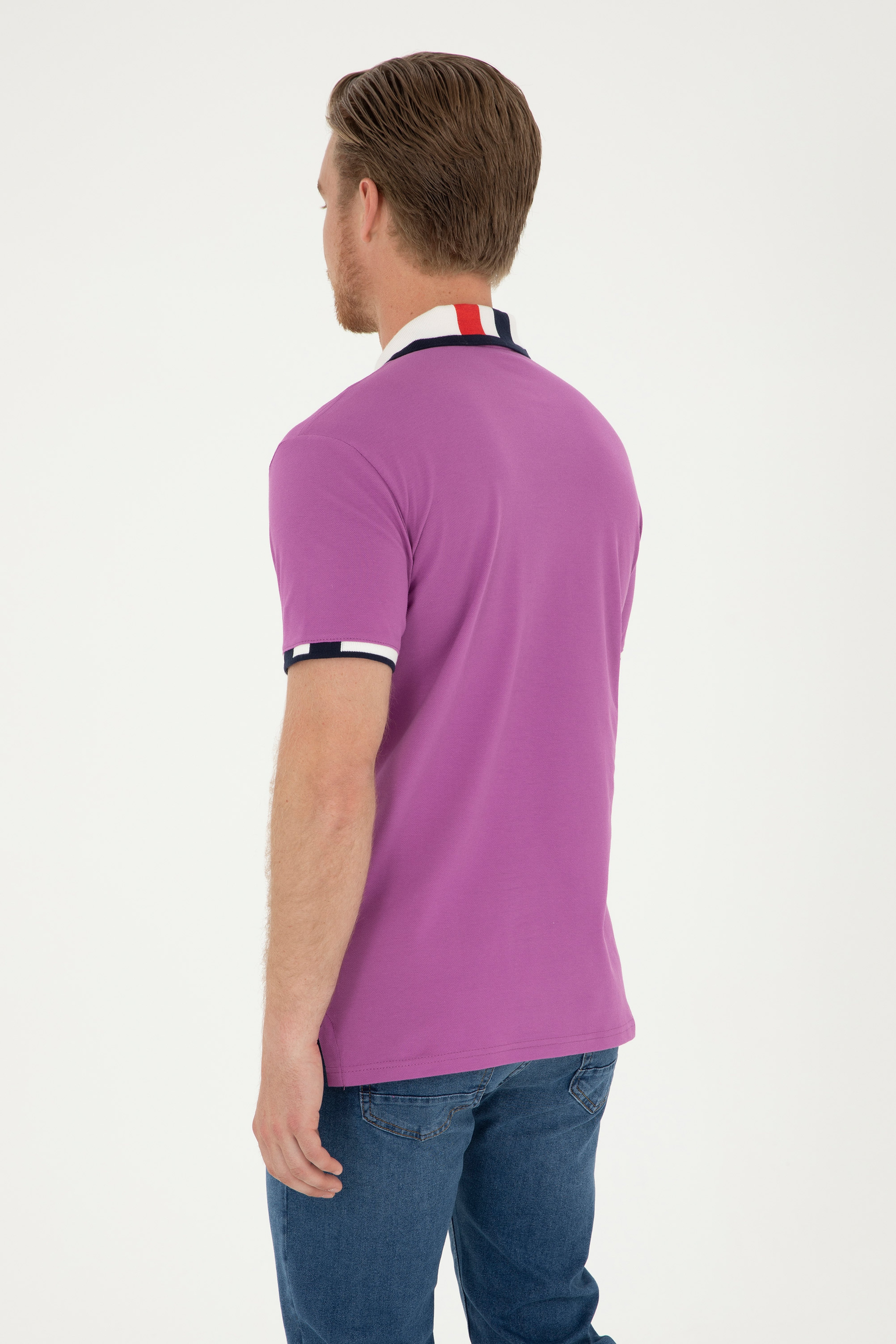 Erkek Slim Fit Polo Yaka Mor Basic Tişört