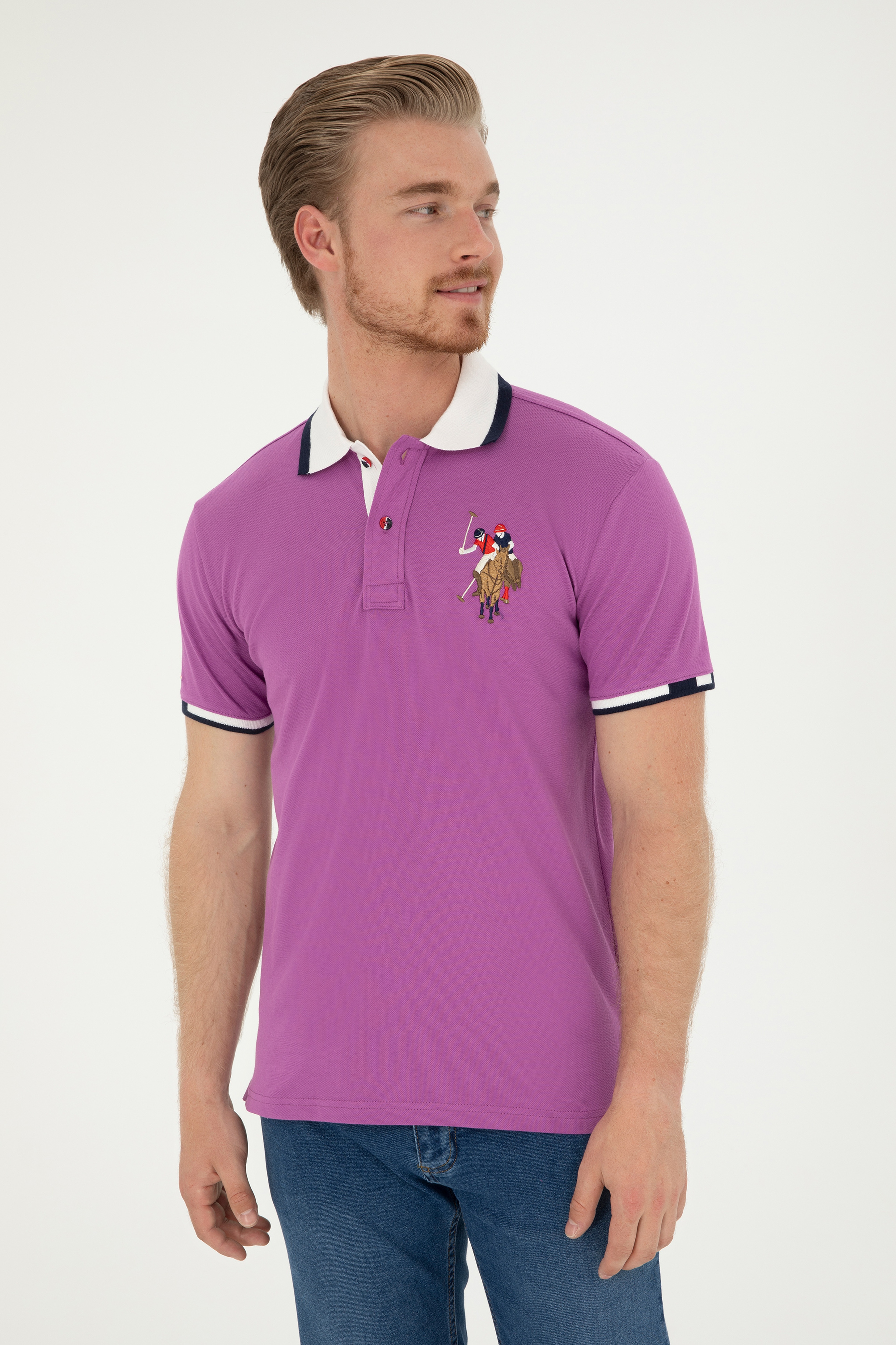 Erkek Slim Fit Polo Yaka Mor Basic Tişört - Image 3