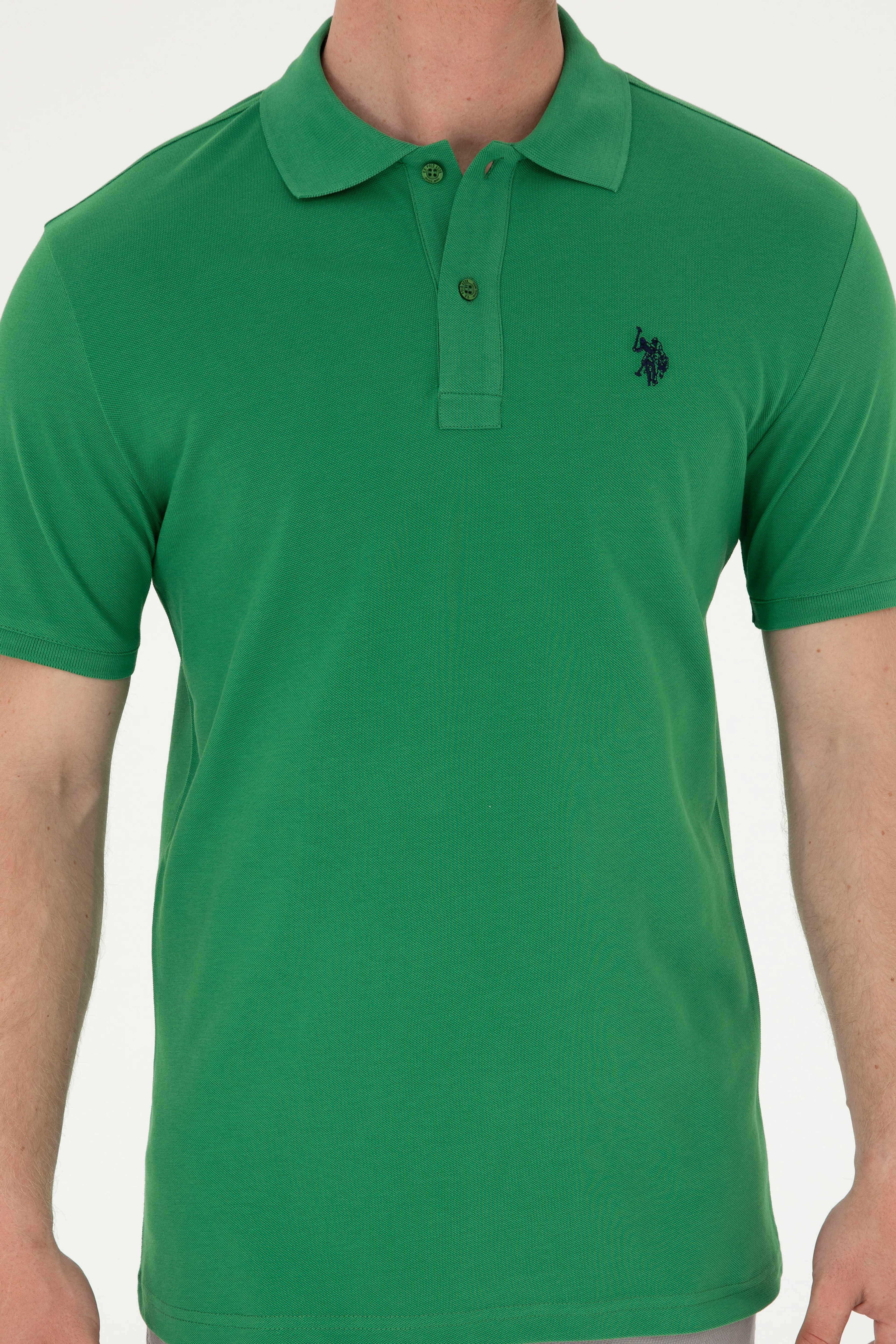 Erkek Slim Fit Polo Yaka Yeşil Basic Tişört