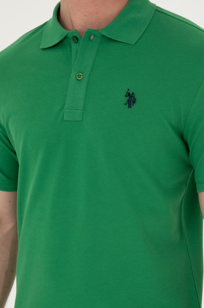 Erkek Slim Fit Polo Yaka Yeşil Basic Tişört