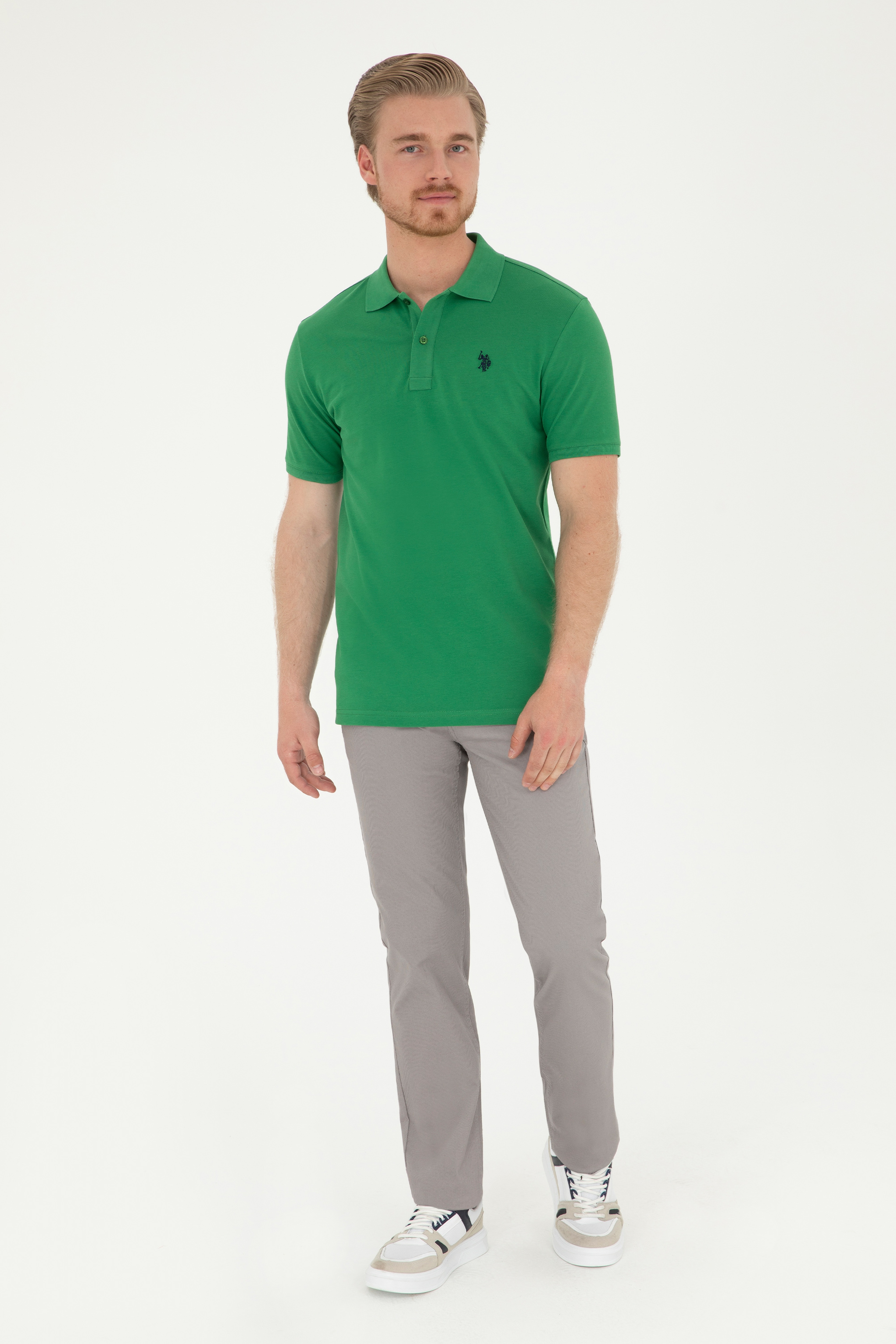 Erkek Slim Fit Polo Yaka Yeşil Basic Tişört