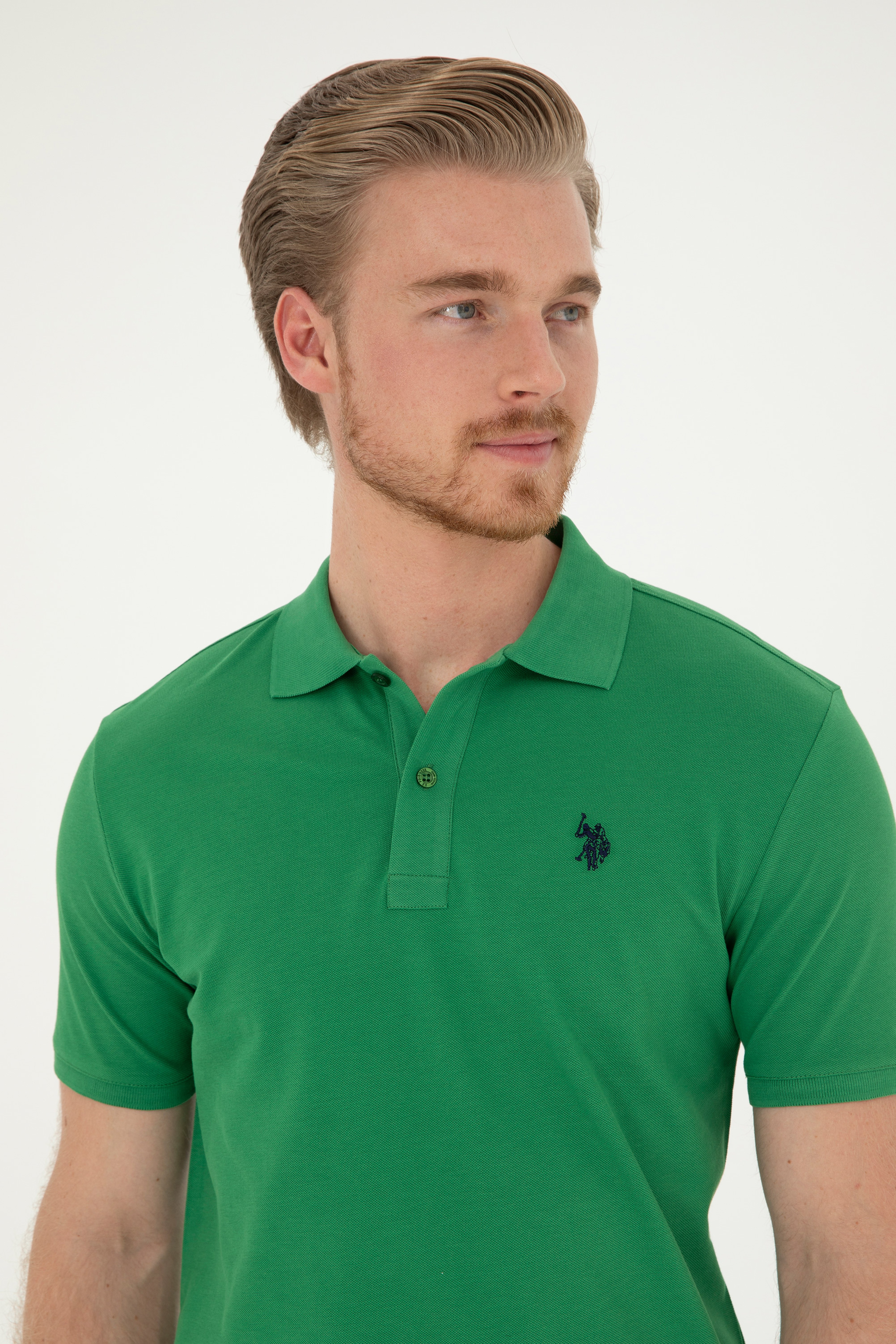 Erkek Slim Fit Polo Yaka Yeşil Basic Tişört - Image 2