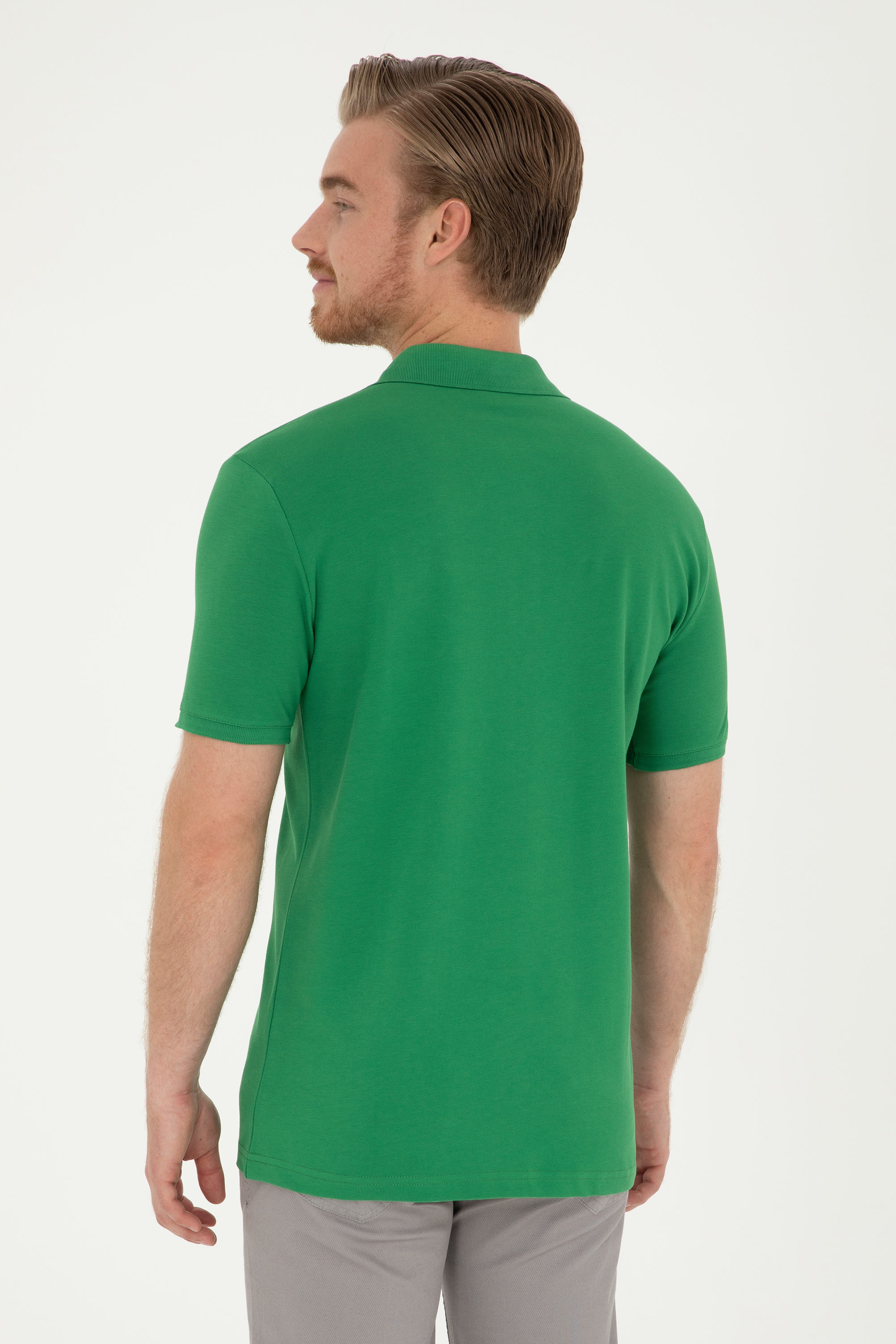 Erkek Slim Fit Polo Yaka Yeşil Basic Tişört - Image 5