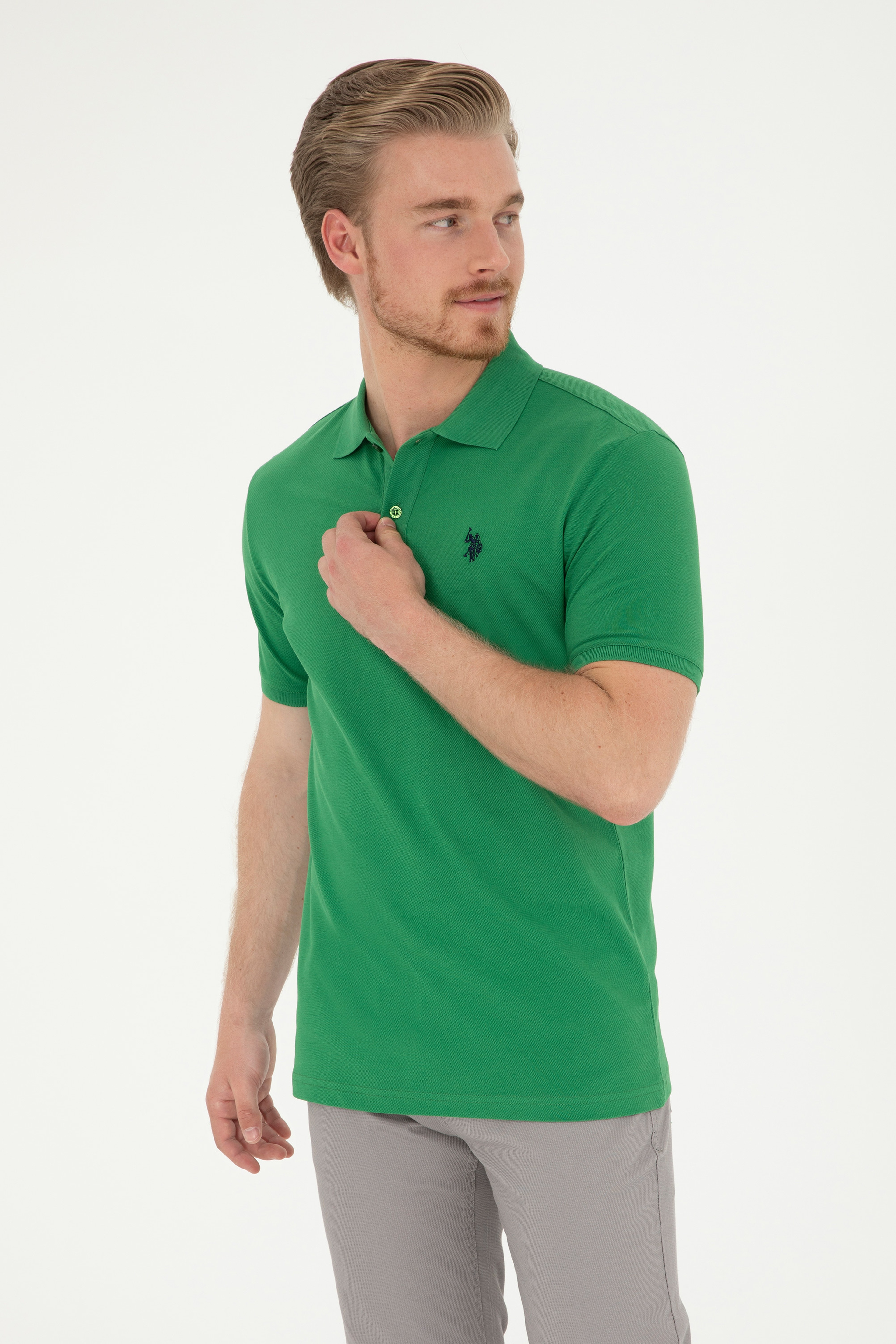 Erkek Slim Fit Polo Yaka Yeşil Basic Tişört - Image 1