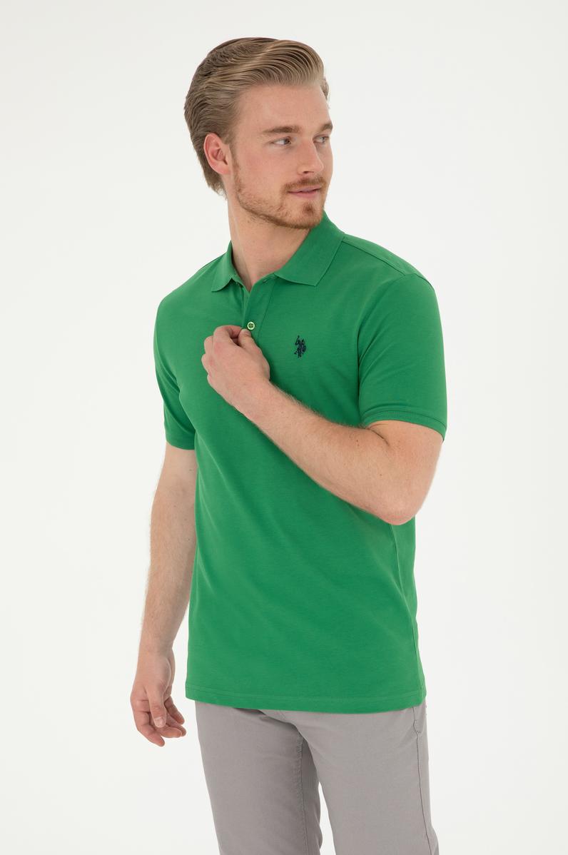 Erkek Slim Fit Polo Yaka Yeşil Basic Tişört