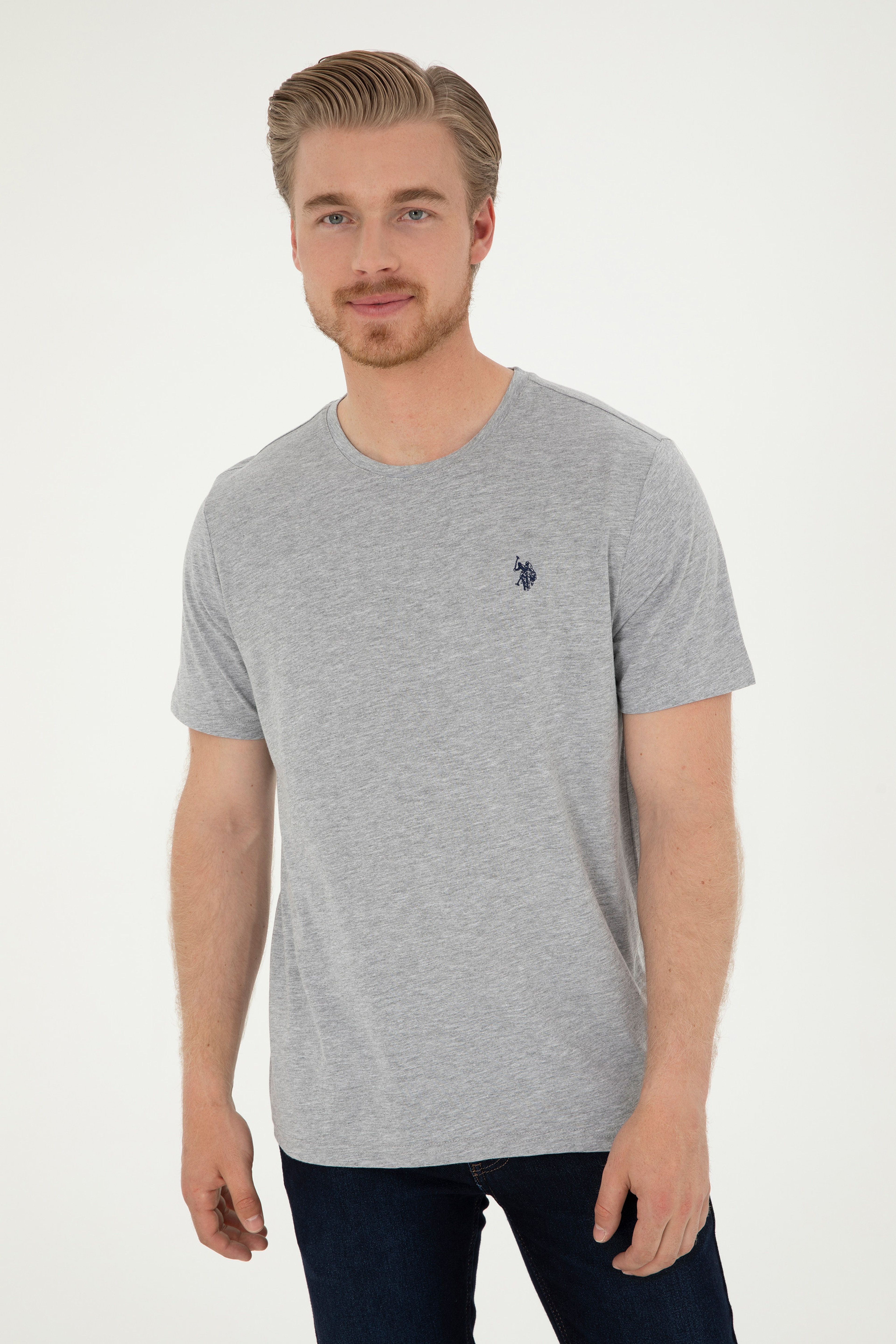 Erkek Regular Fit Bisiklet Yaka Gri Melanj Basic Tişört - Image 1