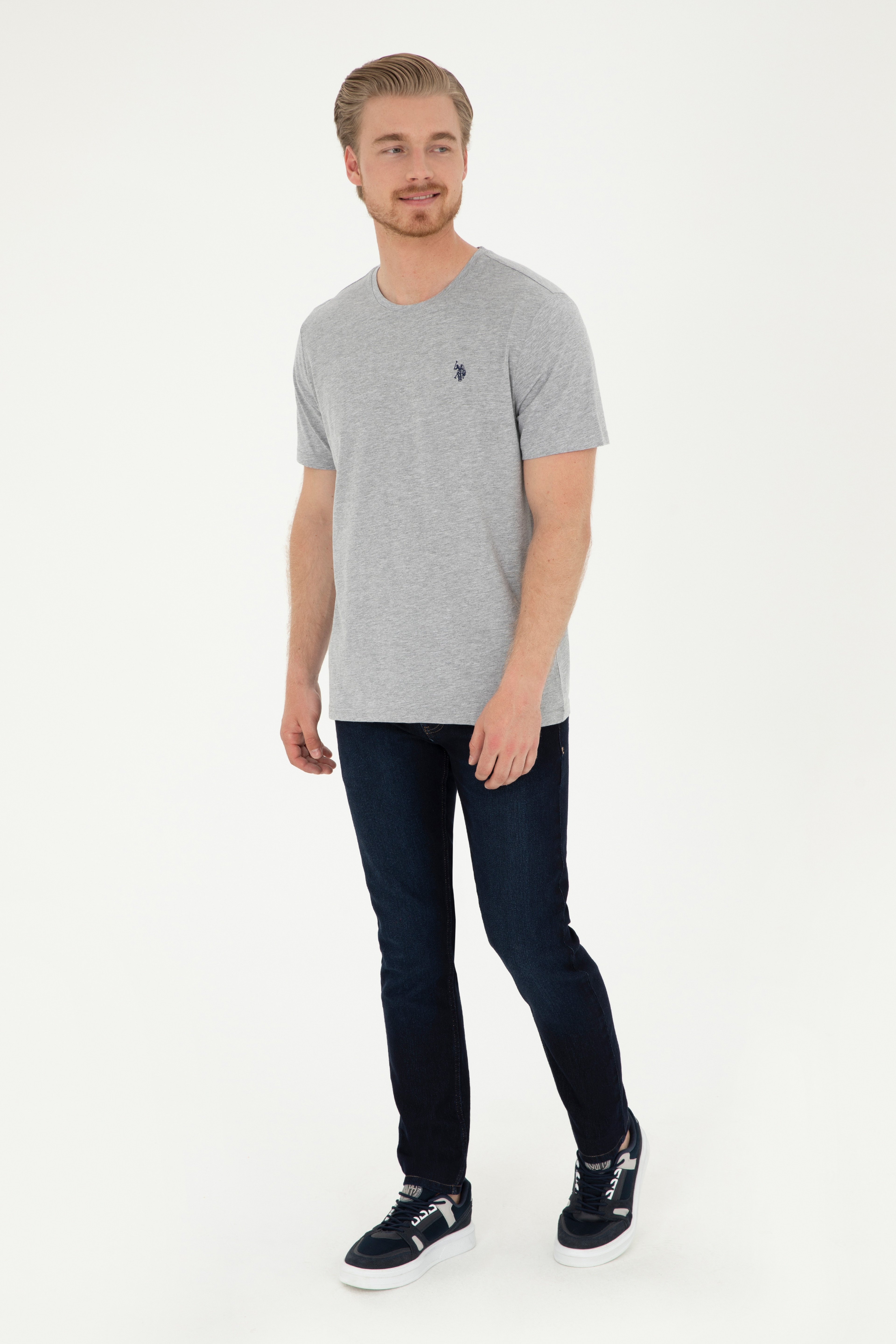 Erkek Regular Fit Bisiklet Yaka Gri Melanj Basic Tişört - Image 4