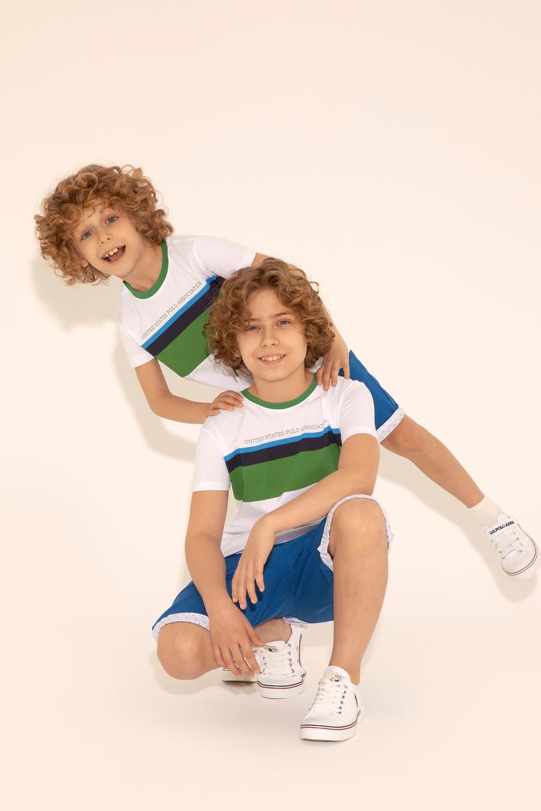 Erkek Çocuk Beyaz Bisiklet Yaka Tişört