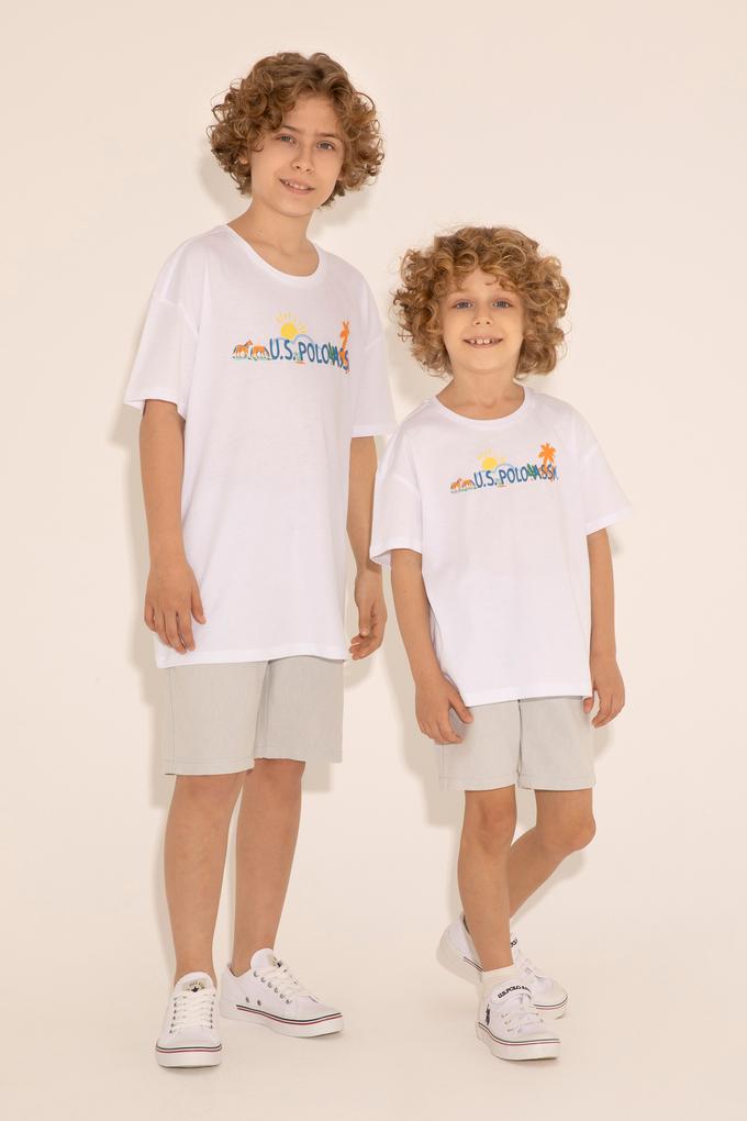 Erkek Çocuk Beyaz Bisiklet Yaka Tişört