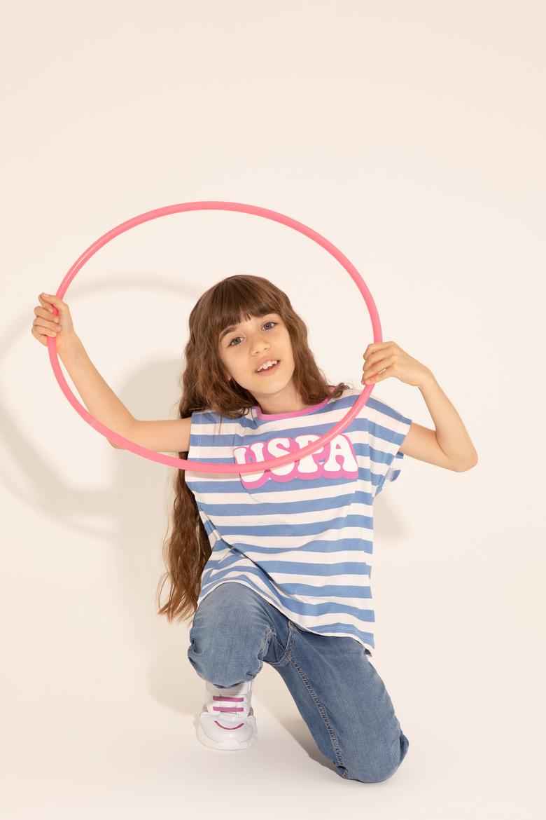 Kız Çocuk Koyu Mavi Bisiklet Yaka Tişört